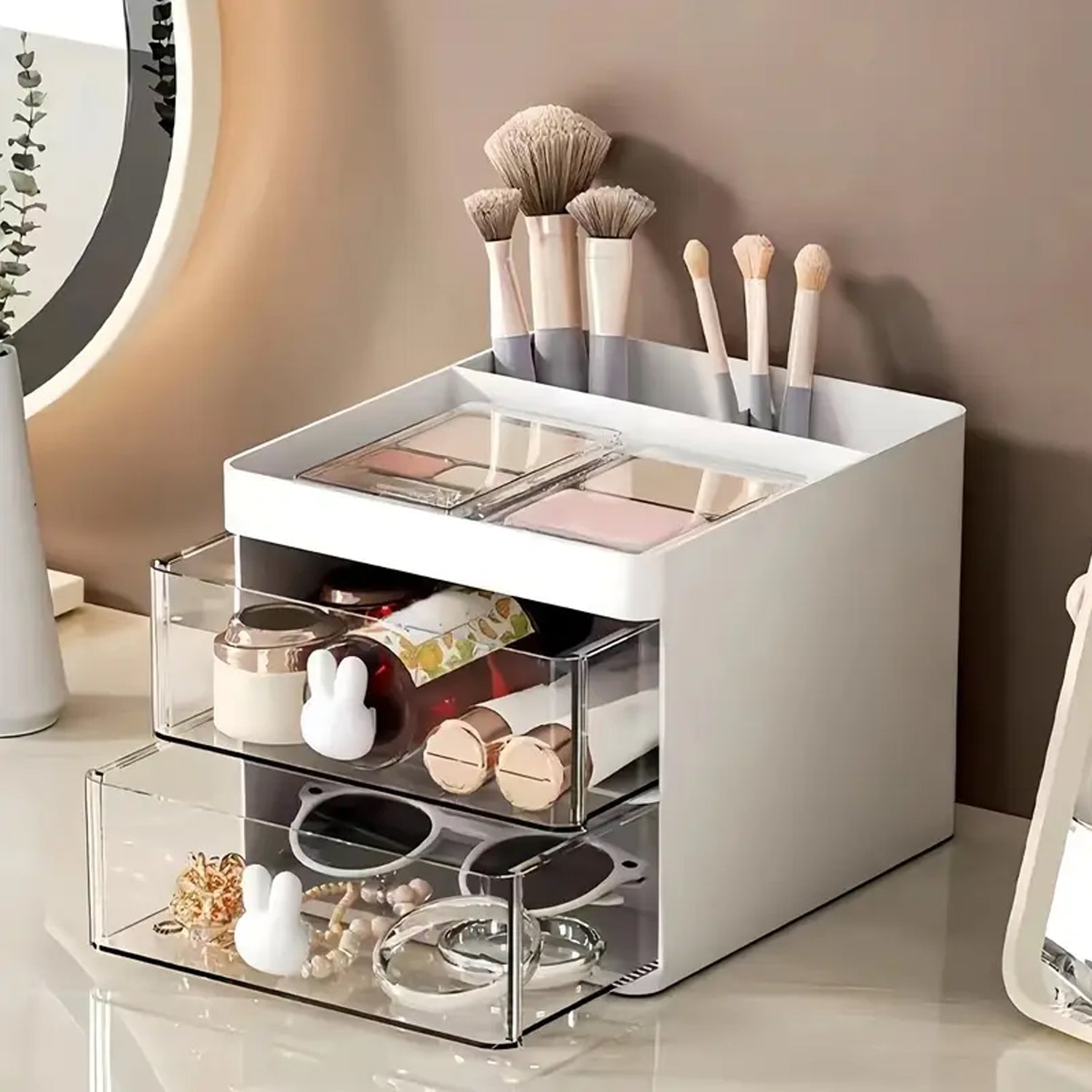 2 Layer 5 Compartment Desk Organizer with Transparent Drawer (1 Pc / 15×13×11 Cm) 2 Layer 5 Compartment Desk Organizer with Transparent Drawer (1 Pc / 15×13×11 Cm)